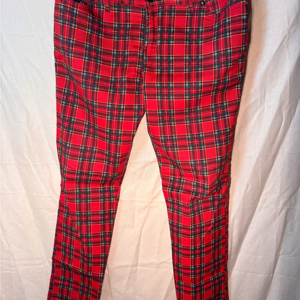 Men's Red Plaid Skinny Jeans